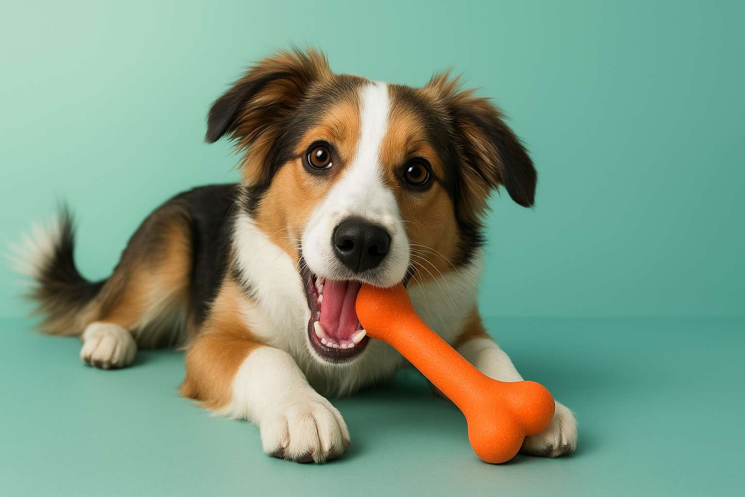 Dog playing with an orange bone toy on a green background
